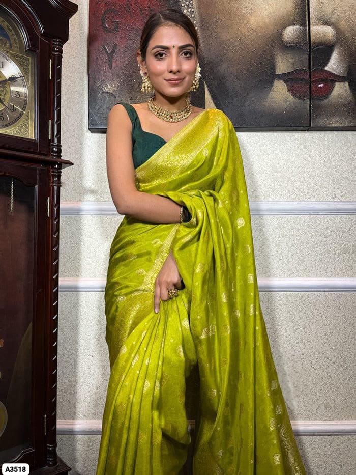 Lime Green Soft Lichi Silk Saree with Rich Jacquard Pallu
