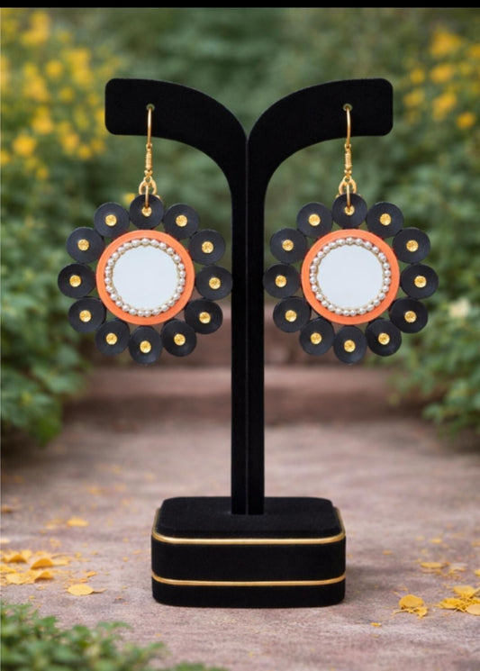 Black & Gold Mirror Mandala Handmade Paper Quilling Earrings