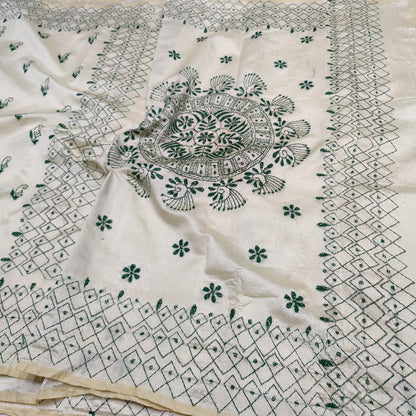 Ivory Silk Linen Saree with Handcrafted Katha Work