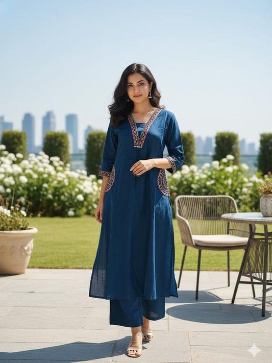 Navy Blue Embroidered Cotton Flex Kurti Plazzo Set