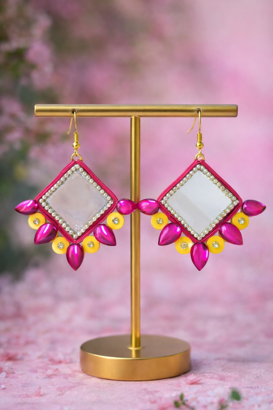 Pink Mirror Bloom Handmade Paper Quilling Earrings