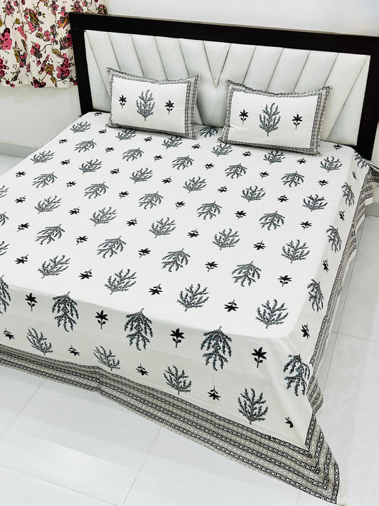 Classic Black Leaf Print King Size Cotton Bedsheet