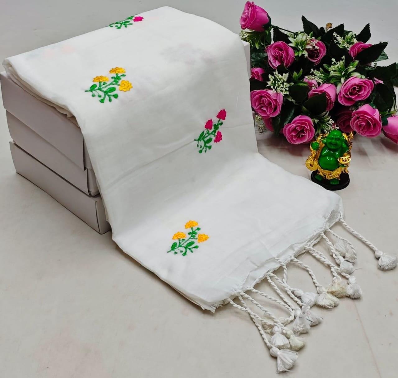 Khadi Cotton Flower Embroidery Saree with Blouse Piece
