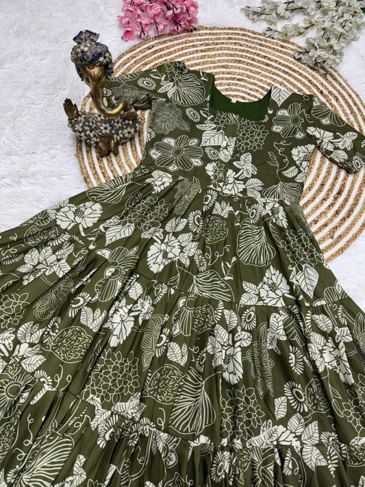 Olive Green Muslin Cotton 3-Layer Printed Dress