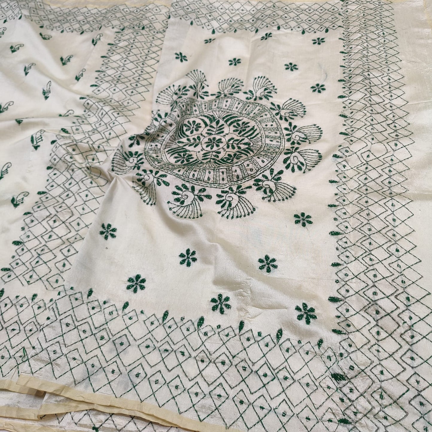 Ivory Silk Linen Saree with Handcrafted Katha Work