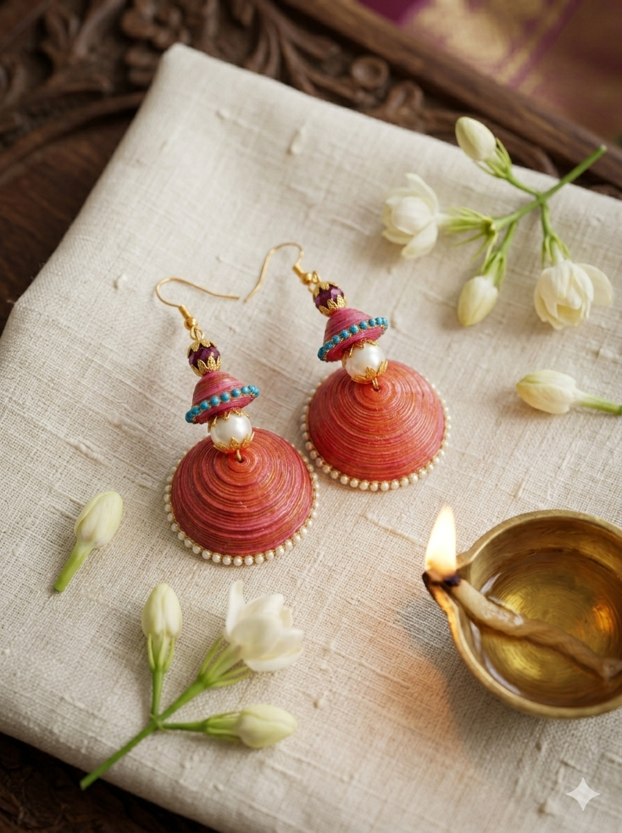 Tannvi's Collections Handcrafted Red & Pink Paper Quilled Jhumka Earrings - Festive Wear