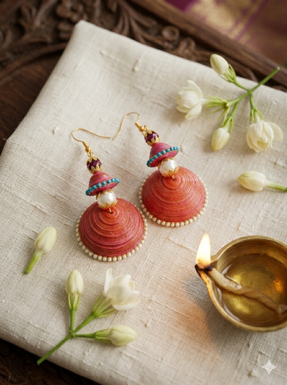 Tannvi's Collections Handcrafted Red & Pink Paper Quilled Jhumka Earrings - Festive Wear