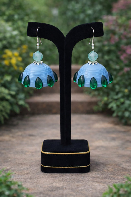 Sky Blue & Green Handmade Paper Quilling Jhumka Earrings