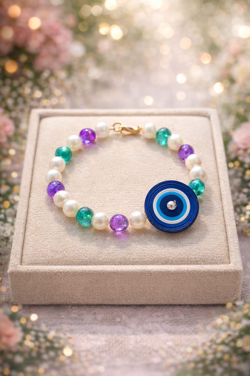 Evil Eye Pearl Beaded Bracelet – Handmade Charm