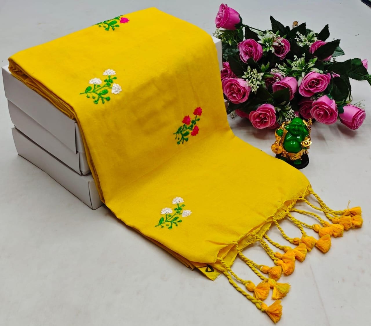 Khadi Cotton Flower Embroidery Saree with Blouse Piece