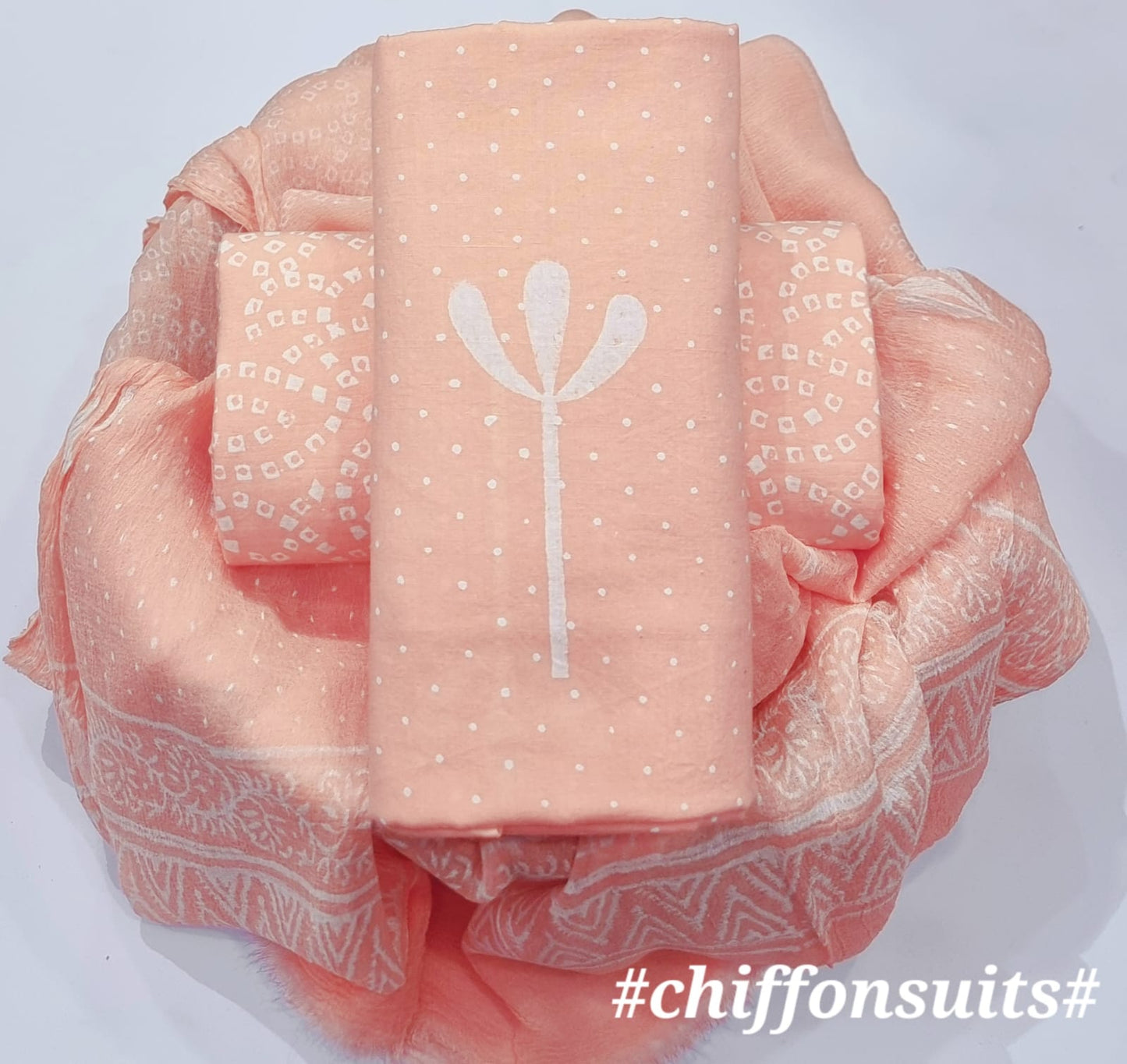 Peach Printed Chiffon Suit with Minimal Motifs