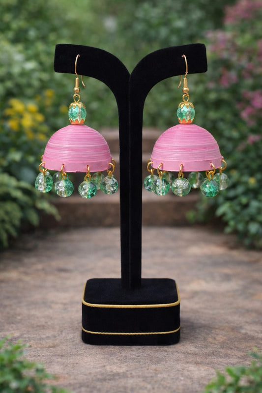 Pink Crystal Drop Handmade Paper Quilling Jhumka Earrings