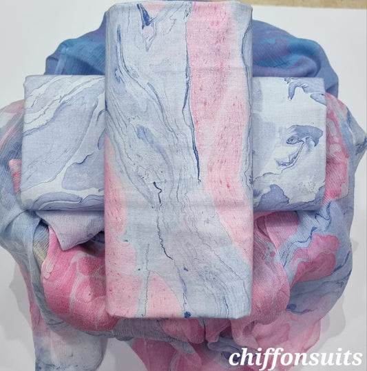 Abstract Pastel Blue Chiffon Suit Set