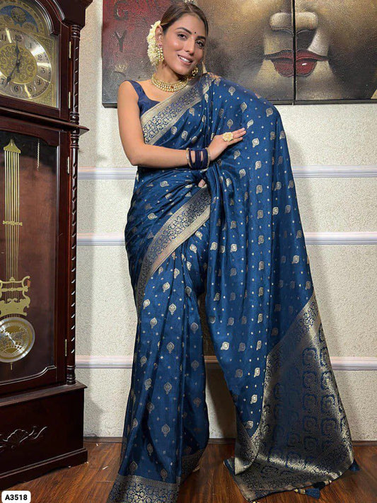 Navy Blue Soft Lichi Silk Saree with Rich Jacquard Pallu