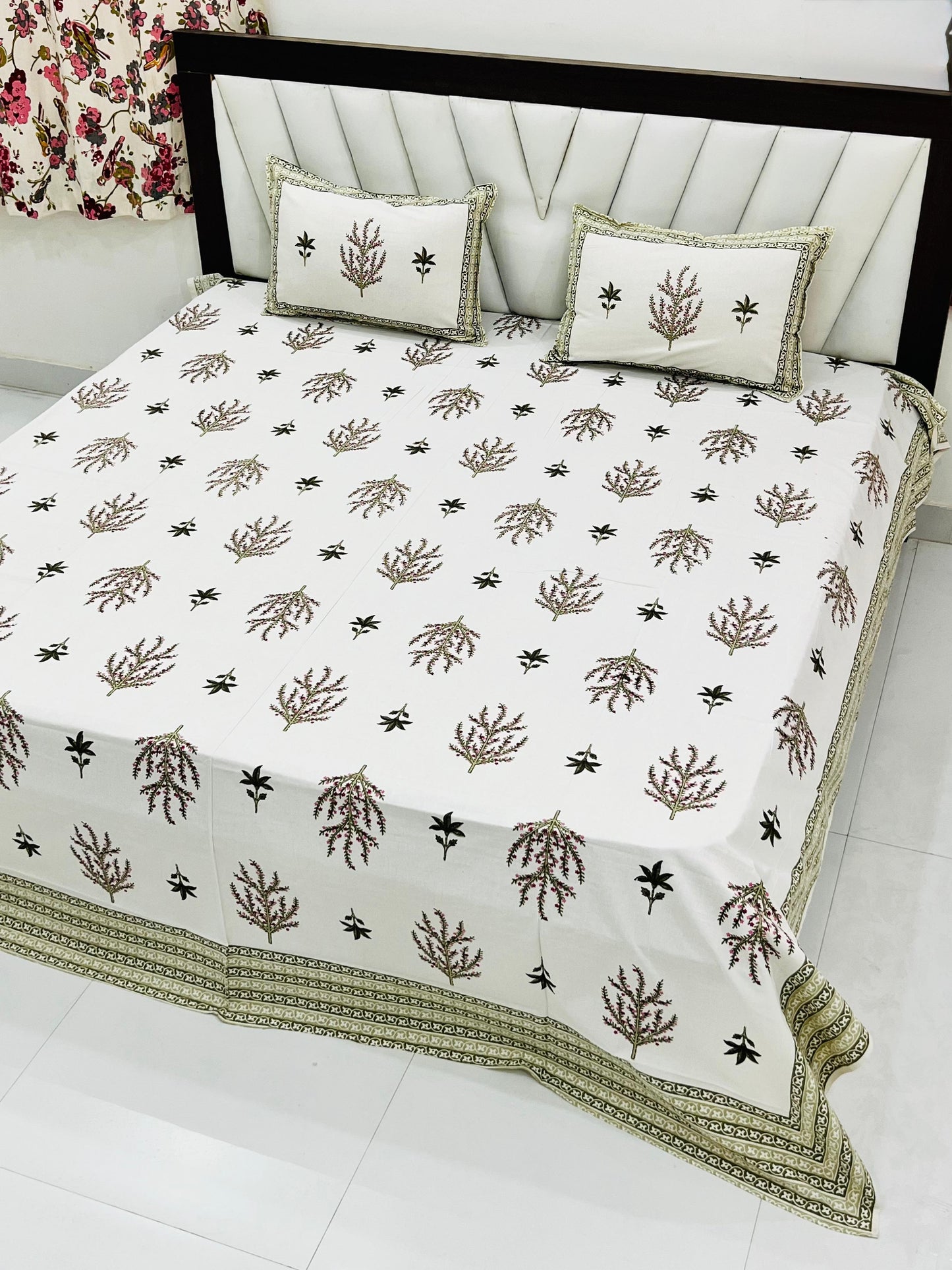 Olive Green Botanical King Size Cotton Bedsheet