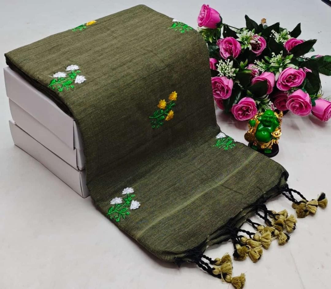 Khadi Cotton Flower Embroidery Saree with Blouse Piece