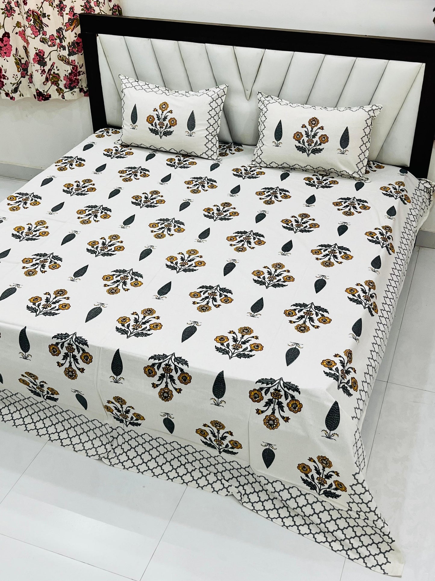 Mustard Yellow Floral Premium King Size Bedsheet