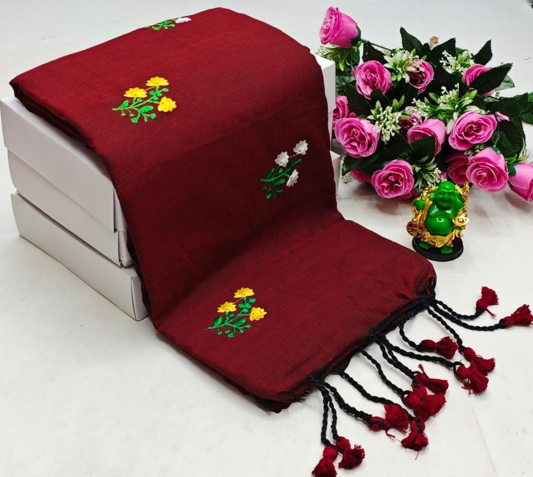 Khadi Cotton Flower Embroidery Saree with Blouse Piece