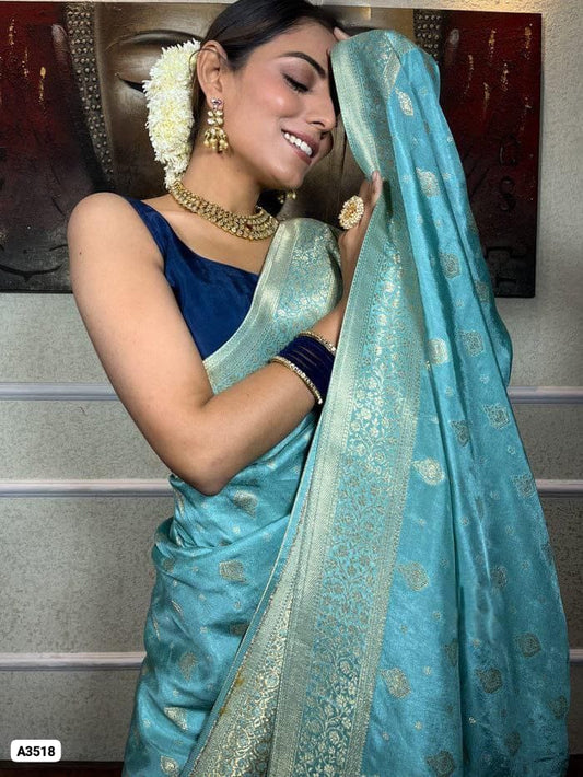 Aqua Blue Soft Lichi Silk Saree with Rich Jacquard Pallu