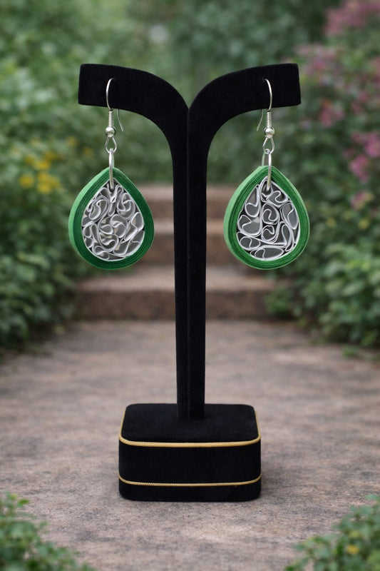 Green Teardrop Handmade Paper Quilling Earrings