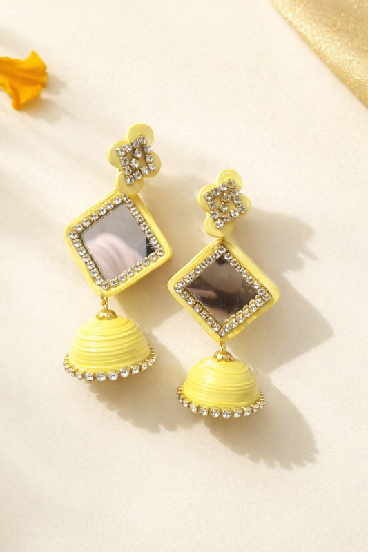 Yellow Mirror Work Jhumka Earrings