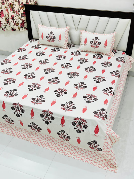 Soft Peach Floral Hand-Block Style King Size Bedsheet
