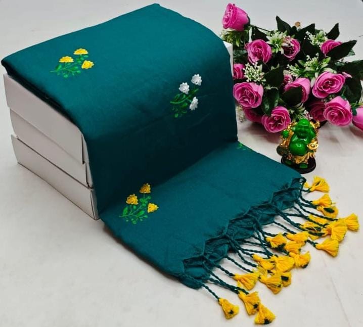 Khadi Cotton Flower Embroidery Saree with Blouse Piece
