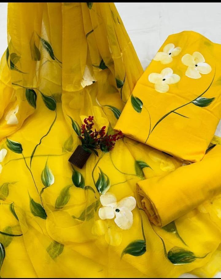 Bright Yellow Floral Hand-Painted Chiffon Suit