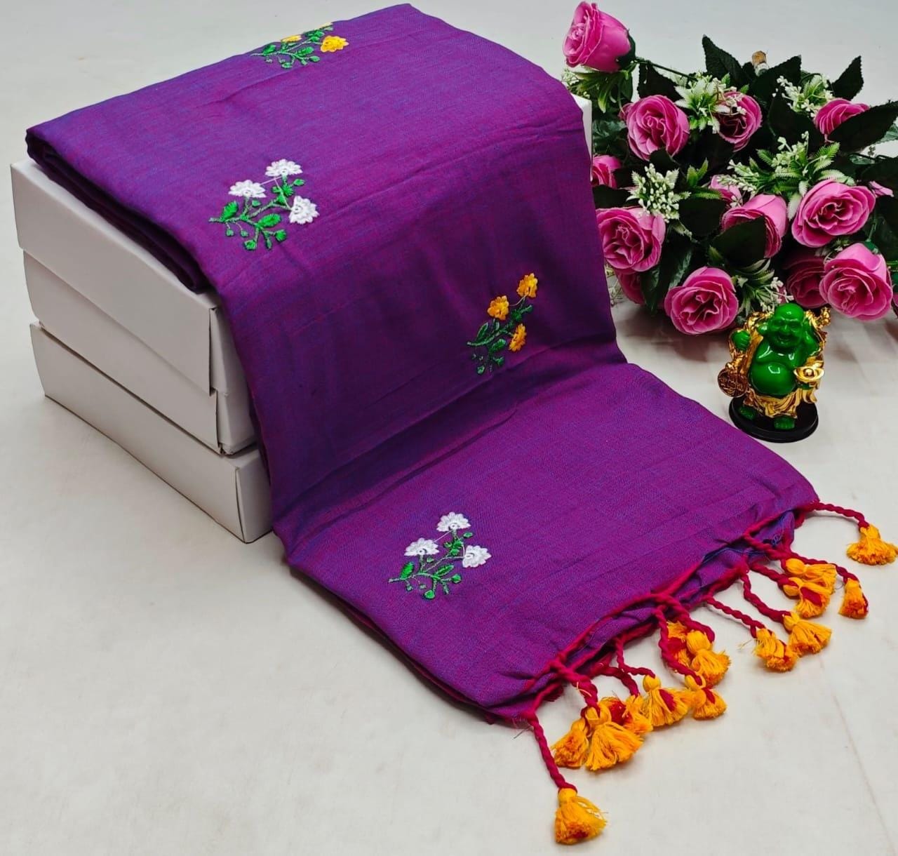 Khadi Cotton Flower Embroidery Saree with Blouse Piece