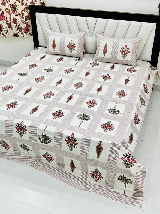 Ivory Floral Grid King Size Cotton Bedsheet with Reversible Pillow Covers