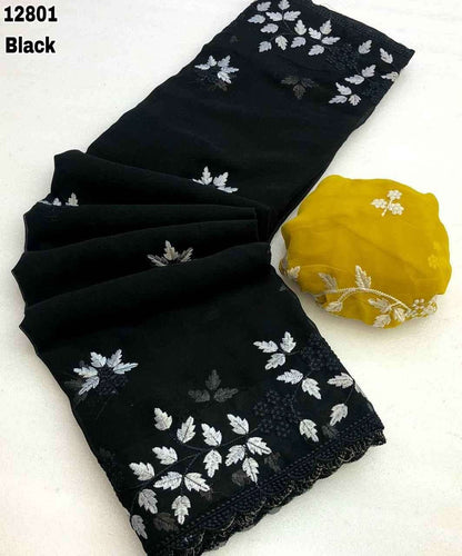 Black Embroidered Georgette Saree with Contrast Blouse