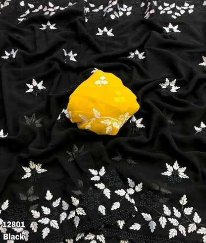 Black Embroidered Georgette Saree with Contrast Blouse