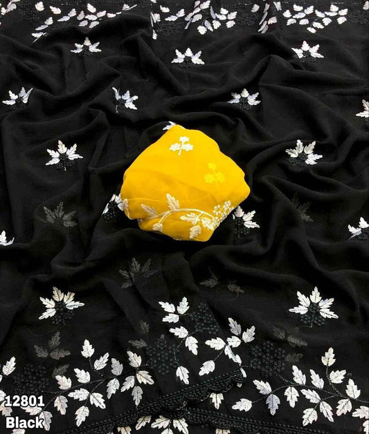 Black Embroidered Georgette Saree with Contrast Blouse