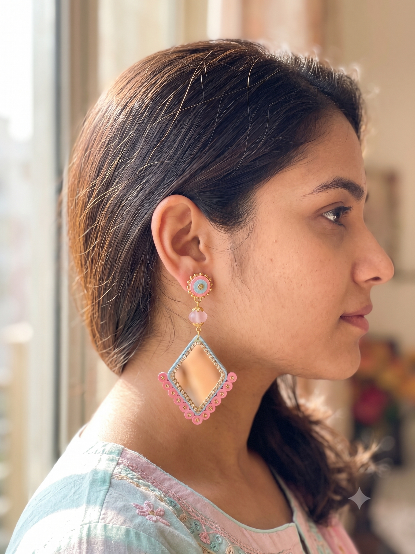 Tannvi's Collections Handmade Paper Quilled Diamond Mirror Drop Earrings - Pastel Pink & Sky Blue with Crystal Rhinestones