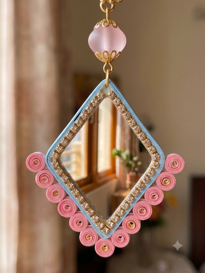 Tannvi's Collections Handmade Paper Quilled Diamond Mirror Drop Earrings - Pastel Pink & Sky Blue with Crystal Rhinestones