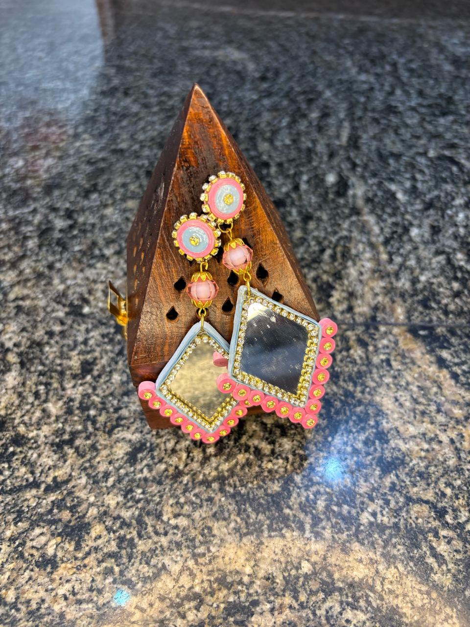 Tannvi's Collections Handmade Paper Quilled Diamond Mirror Drop Earrings - Pastel Pink & Sky Blue with Crystal Rhinestones