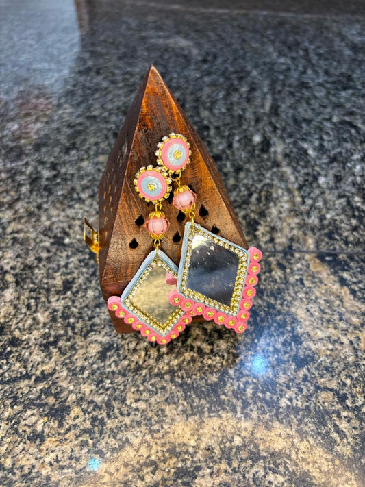Tannvi's Collections Handmade Paper Quilled Diamond Mirror Drop Earrings - Pastel Pink & Sky Blue with Crystal Rhinestones
