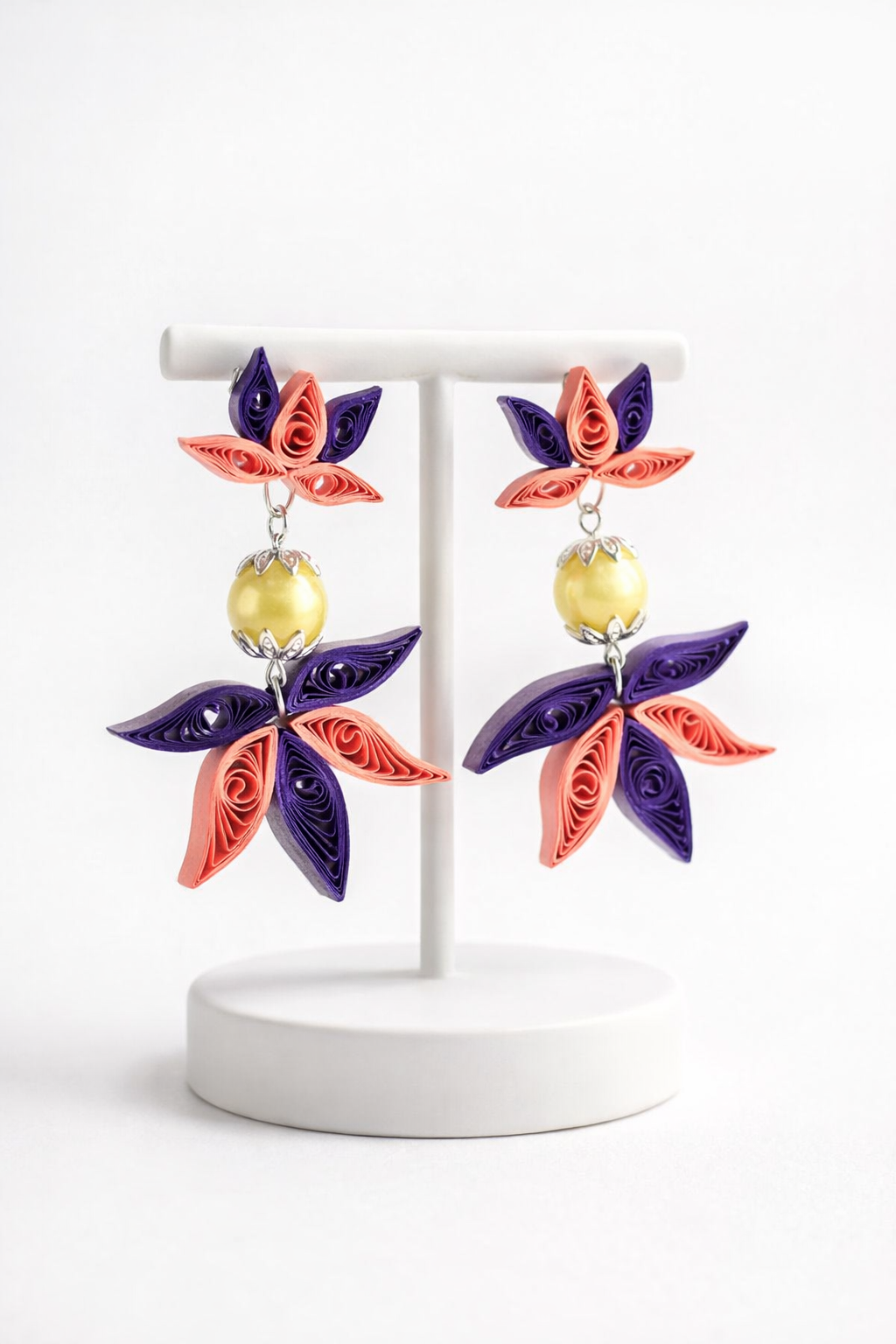 Handmade Lotus Paper Quilled Earrings | Eco-Friendly Feather-Light Statement Jewelry | Purple & Orange