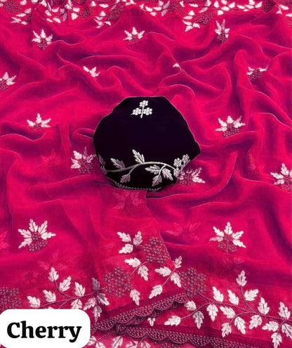 Cherry Pink Embroidered Georgette Saree with Contrast Blouse