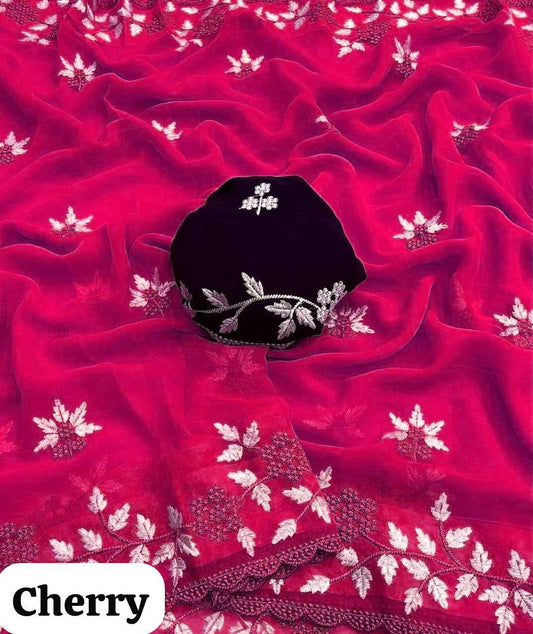 Cherry Pink Embroidered Georgette Saree with Contrast Blouse