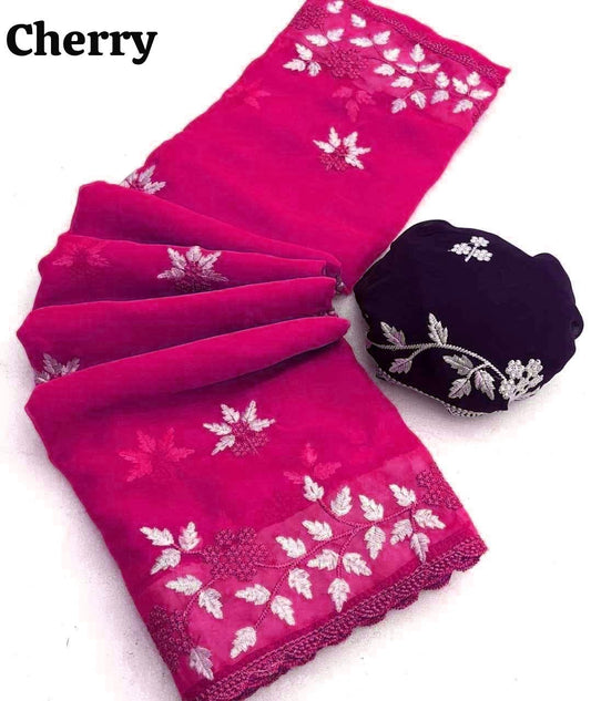 Cherry Pink Embroidered Georgette Saree with Contrast Blouse