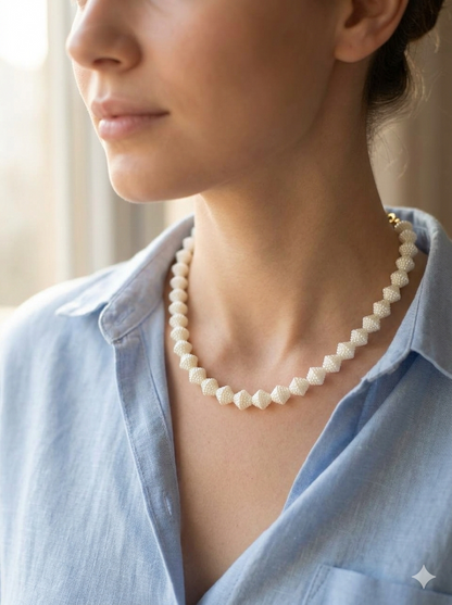Taanvi’s Collections: Elegant White Geometric Beaded Chain Necklace – Classic 40cm Plastic Diamond-Shaped Beads with Gold-Coated Clasp