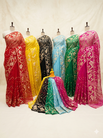 Taanvi's Collections Premium Maslin Jal Jamdani Saree with Blouse Piece - Festive & Wedding Wear
