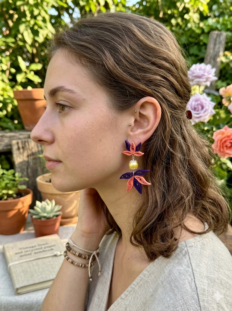Handmade Lotus Paper Quilled Earrings | Eco-Friendly Feather-Light Statement Jewelry | Purple & Orange