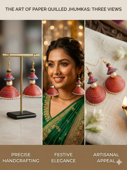 Tannvi's Collections Handcrafted Red & Pink Paper Quilled Jhumka Earrings - Festive Wear