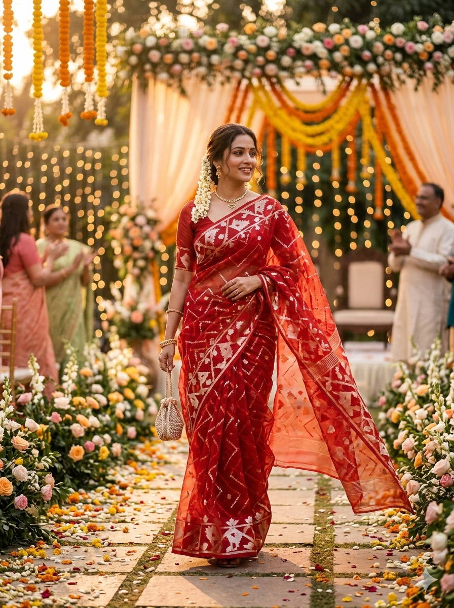 Taanvi's Collections Premium Maslin Jal Jamdani Saree with Blouse Piece - Festive & Wedding Wear