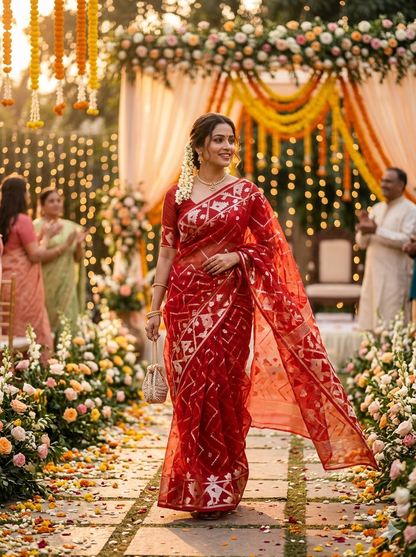 Taanvi's Collections Premium Maslin Jal Jamdani Saree with Blouse Piece - Festive & Wedding Wear