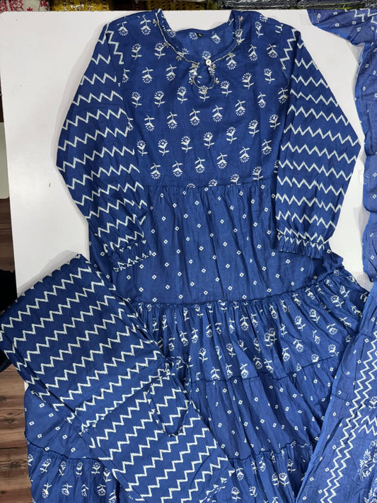 Indigo Blue Discharge Print Anarkali Set – Brand Showroom Exclusive