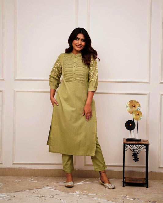 Elegant Office Kurti Pant Set – Embroidered & Pintex Detailing