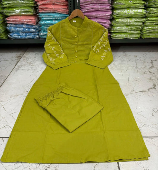 Elegant Office Kurti Pant Set – Embroidered & Pintex Detailing